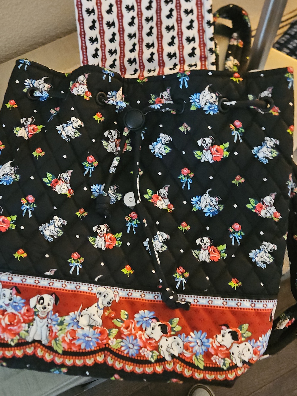 Disney Vera Bradley Quilted Black Floral Backpack Tote with 101 Dalmation  Print - Picture 10 of 14